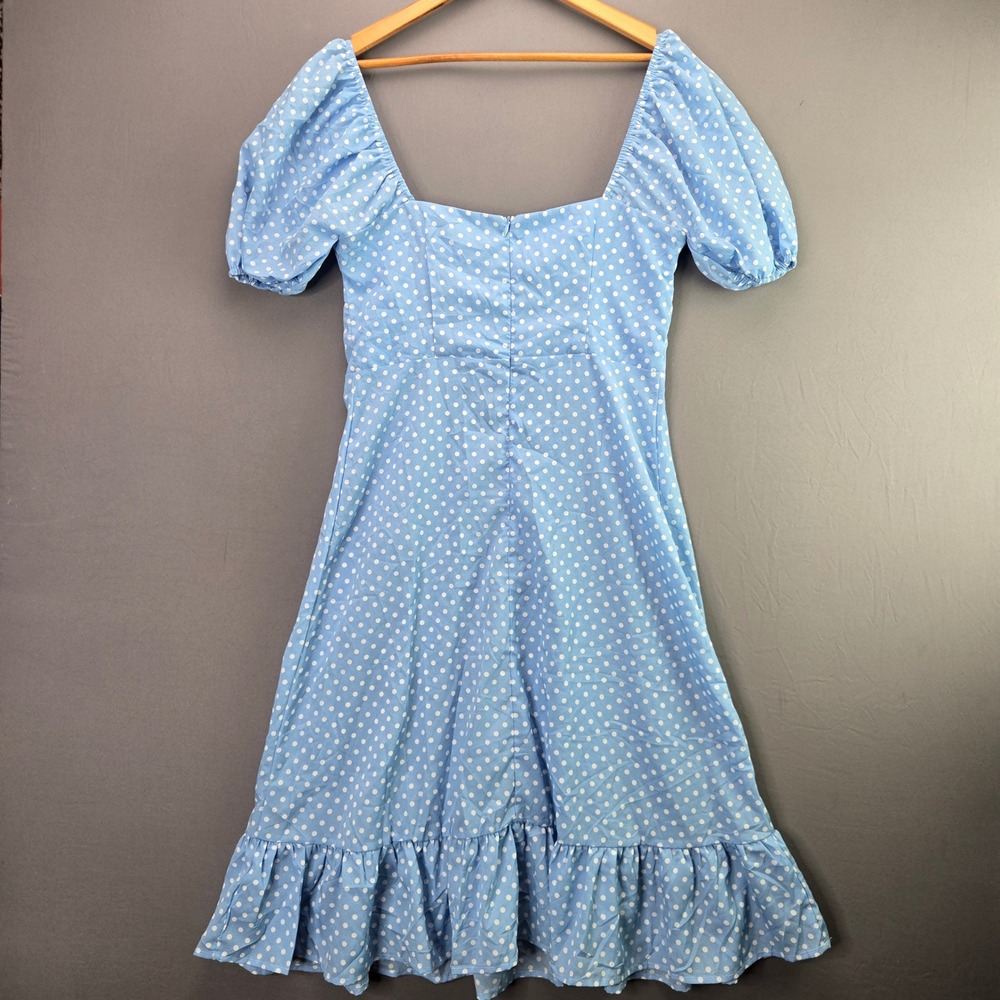 Boohoo Polka Dot Mini Dress Puff Sleeve Ruffle Hem Size 10 Blue White Vintage - Picture 6 of 7